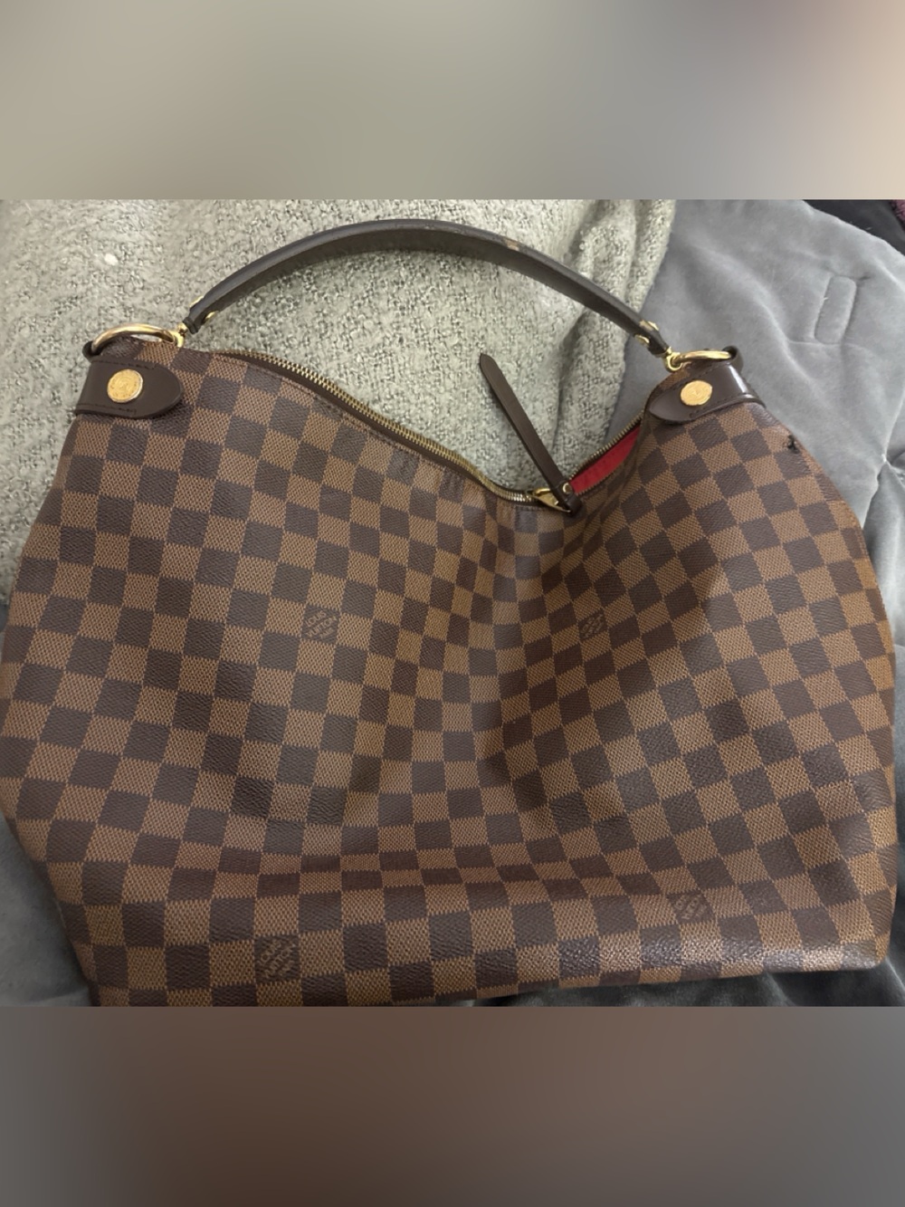 Louis Vuitton Brown Damier Ebene Shoulder Bag with Red Accent - Picture 2 of 6